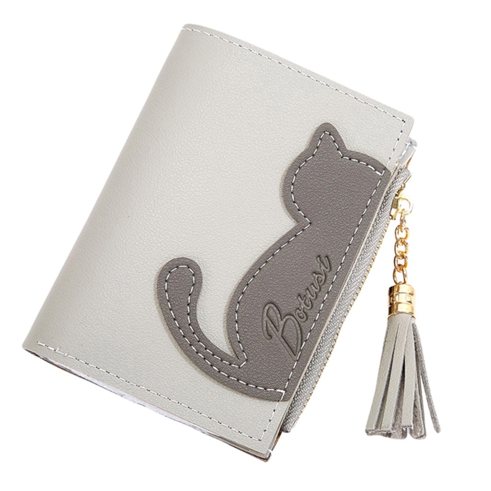 Vegan Leather Two Tone Gray Cat Wallet with Tassel - Picture 1 of 15